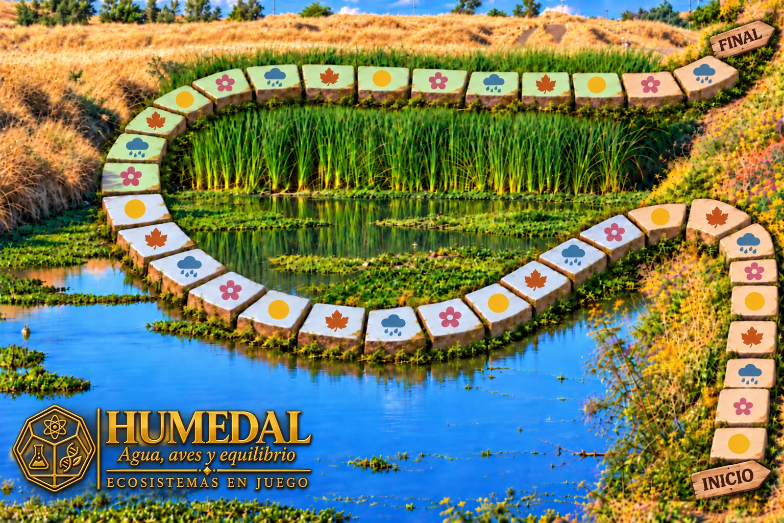Tablero oficial de HUMEDAL, con recorrido de casillas de estaciones desde INICIO hasta FINAL y logotipo dorado de HUMEDAL